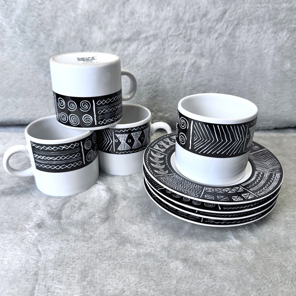 Sakura Batik Cup & Saucer Dessert Set Black White Stoneware Sue Zipkin 1993‎